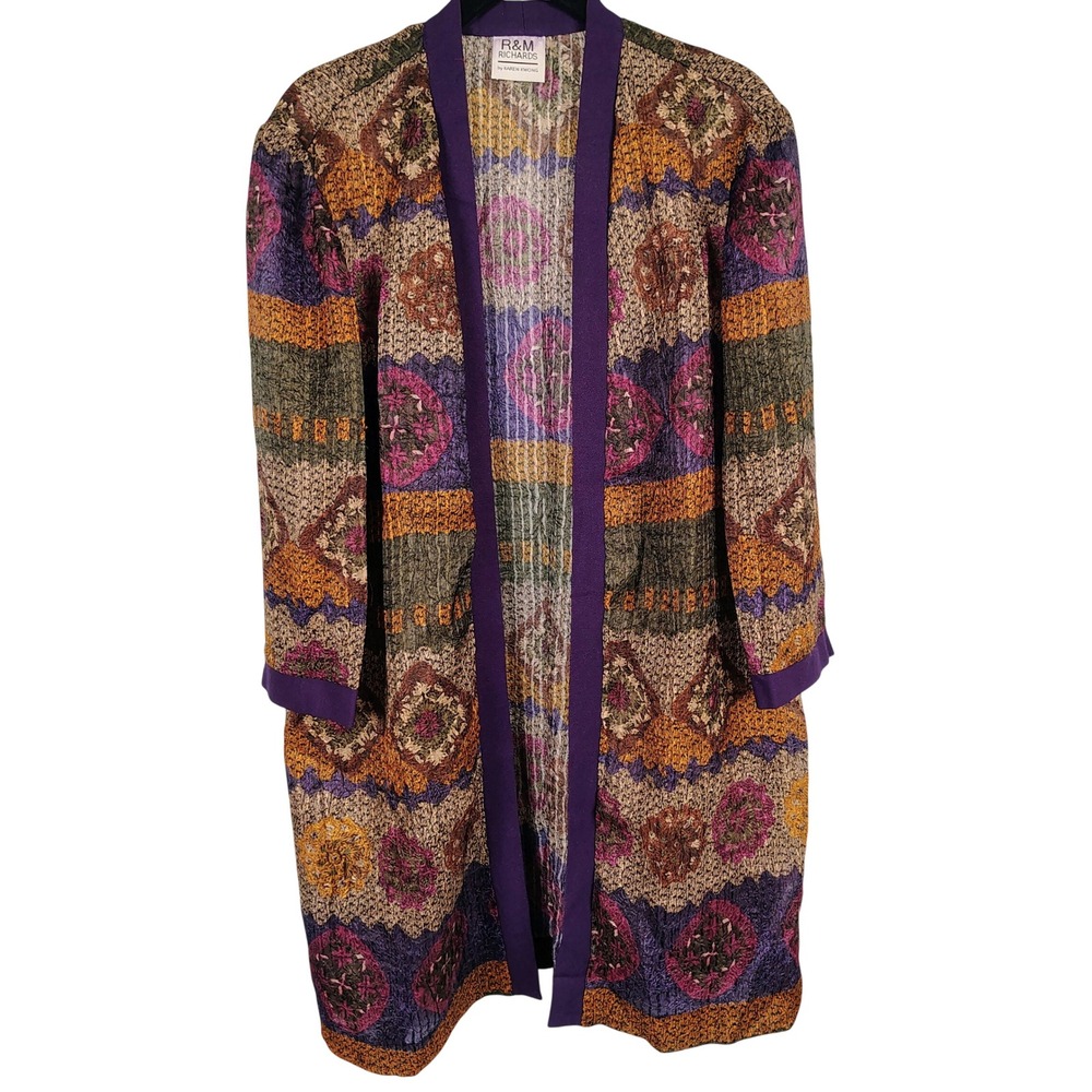R&M Richards Womens SZ 14 Open Front Duster Cardigan Purple Multicolor Geometric
